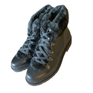 LANDSEND Women’s Leather Faux Fur Cuff Booties, Side Zip